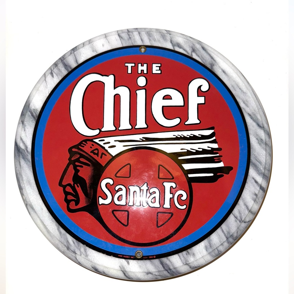 VINTAGE THE CHIEF SANTA FE PORCELAIN SIGN CAR GAS OIL TRUCK MOTORCYCLE